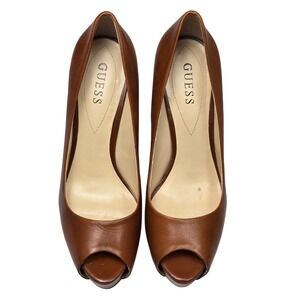 Guess Patches Peep Toe Platform Pump Womens 9M Brown Leather WGPATCHES3 Good